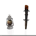 Vintage Decorative Weapon With Feather Handle And Metal Decorations Alongside Metal Lantern On White Background