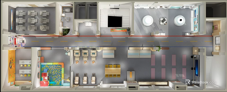 Modern Open Interior Design With Living Room Kitchen Island Dining And Play Area 3d model 