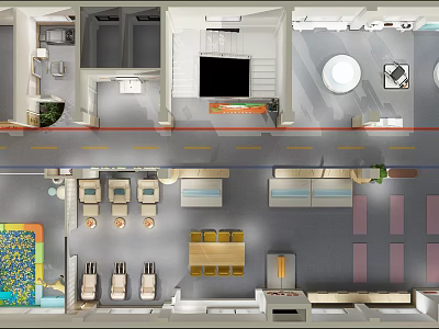 Modern Open Interior Design With Living Room Kitchen Island Dining And Play Area 3d model