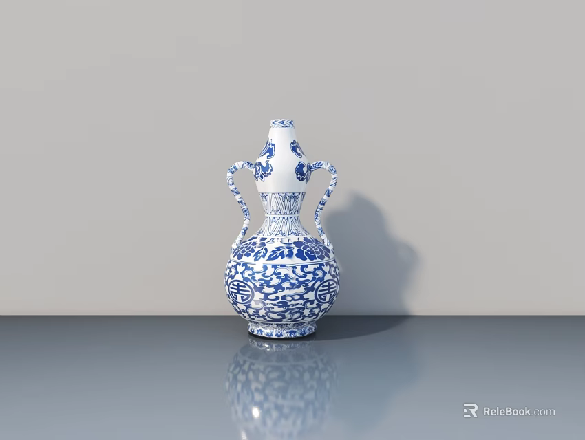 Carved Blue And White Porcelain Vase With Double Handles And Floral Patterns On Gray Tabletop 3d model 