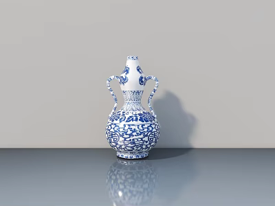 Carved Blue And White Porcelain Vase With Double Handles And Floral Patterns On Gray Tabletop 3d model