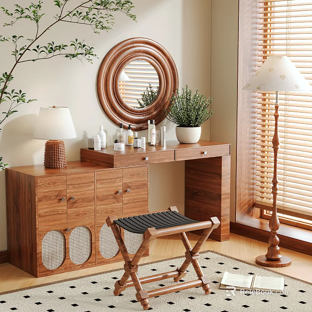 Elegant Wooden Dressing Table With Round Mirror Table Lamp Potted Plant And Stool 3d model 