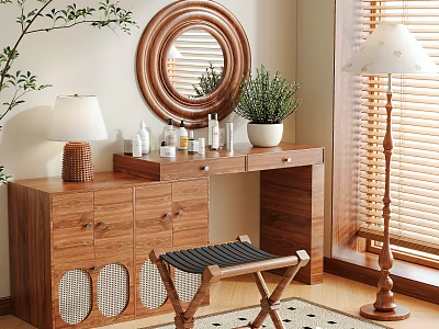 Elegant Wooden Dressing Table With Round Mirror Table Lamp Potted Plant And Stool 3d model