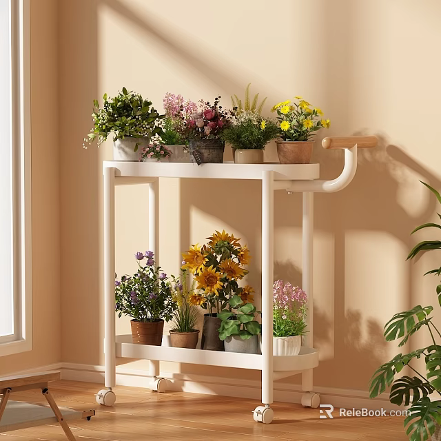 White Two Tiered Flower Stand With Various Potted Plants And Colorful Flowers Indoor 3d model 