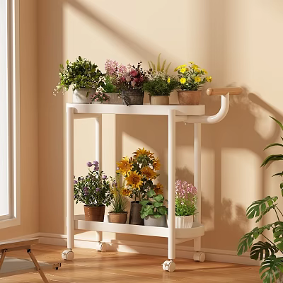 White Two Tiered Flower Stand With Various Potted Plants And Colorful Flowers Indoor 3d model