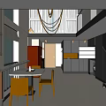 Modern Apartment Interior With Open Layout Dining Table Chairs Hanging Chandelier And Kitchen Cabinets