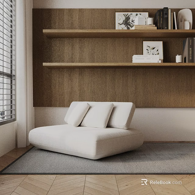 Cozy White Lounge Chair In Room With Wooden Wall Shelves And Gray Carpet 3d model 