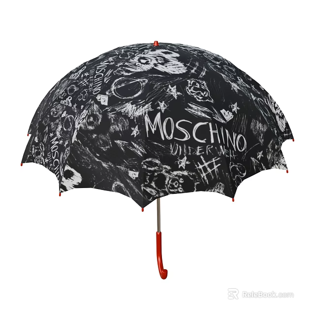 MOSCHINO Black Umbrella With Unique Graffiti Art Prints And Red Accents 3d model 