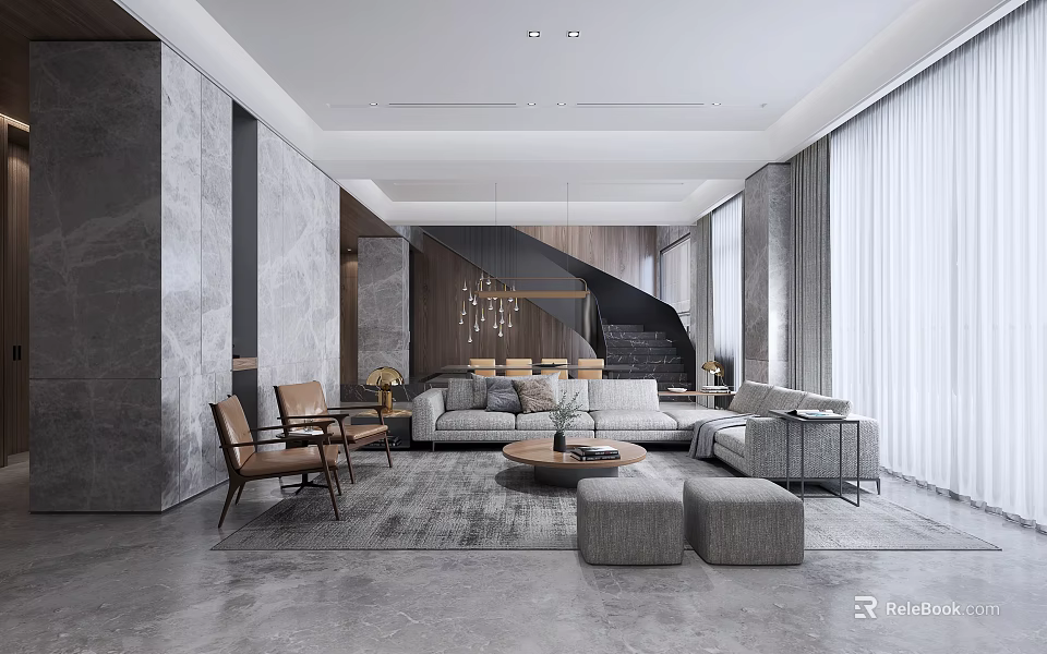 Elegant Modern Living Dining Room Interior With Marble Wall Sofa And Floor to Ceiling Windows 3d model 