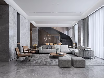 Elegant Modern Living Dining Room Interior With Marble Wall Sofa And Floor to Ceiling Windows 3d model