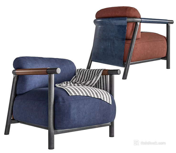 Modern Blue And Brown Single Sofa With Wooden Armrests And Striped Blanket 3d model 