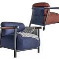 Modern Blue And Brown Single Sofa With Wooden Armrests And Striped Blanket