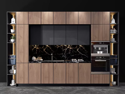 Modern Kitchen Interior With Wooden Cabinets Black Panel Marble Countertop And Lighting 3d model