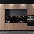 Modern Kitchen Interior With Wooden Cabinets Black Panel Marble Countertop And Lighting