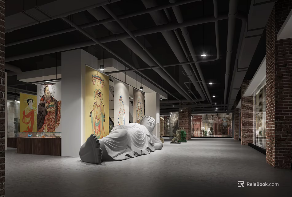 Museum Exhibition Hall Interior With White Reclining Sculpture Colorful Wall Paintings Industrial Ceiling And Lighting 3d model 