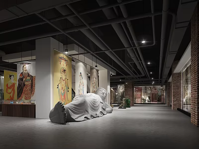 Museum Exhibition Hall Interior With White Reclining Sculpture Colorful Wall Paintings Industrial Ceiling And Lighting 3d model