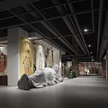 Museum Exhibition Hall Interior With White Reclining Sculpture Colorful Wall Paintings Industrial Ceiling And Lighting