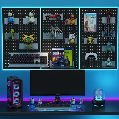 Collectible Decorative Hangings Displayed on Black Pegboard with Gaming Keyboard Monitor and Console 3d model