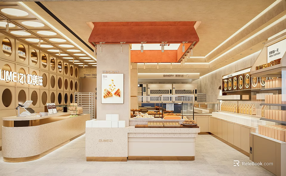 Modern Dessert Shop Interior with Glass Display Cases Assorted Pastries Warm Lighting and Wooden Counter 3d model 
