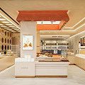 Modern Dessert Shop Interior with Glass Display Cases Assorted Pastries Warm Lighting and Wooden Counter