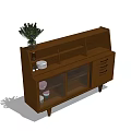 Dining Table Set With Brown Wooden Sideboard Glass Doors Drawers And Potted Plant On Top