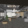 Modern Industrial Cafe Interior Design With Ceiling Dot Patterns And Astronaut Decor 3d model