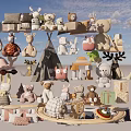Stuffed Toys Various Animal Shapes And Colorful Designs With Play Tent And Wooden Blocks