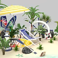 Tropical Beach Scene With Palm Trees Striped Umbrella Deck Chair Lifebuoy Boat And Blue Water