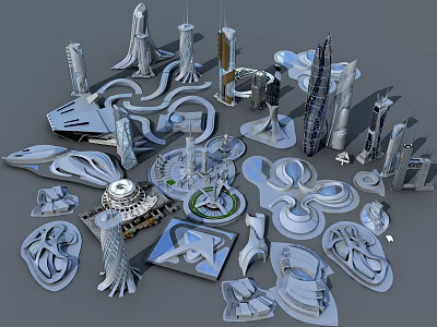 Futuristic Modern Office Buildings With Diverse Architectural Shapes And High Rise Designs 3d model