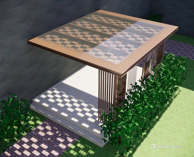 Modern Pavilion Structure With Glass Roof Grilles Paved Ground And Green Plants 3d model 