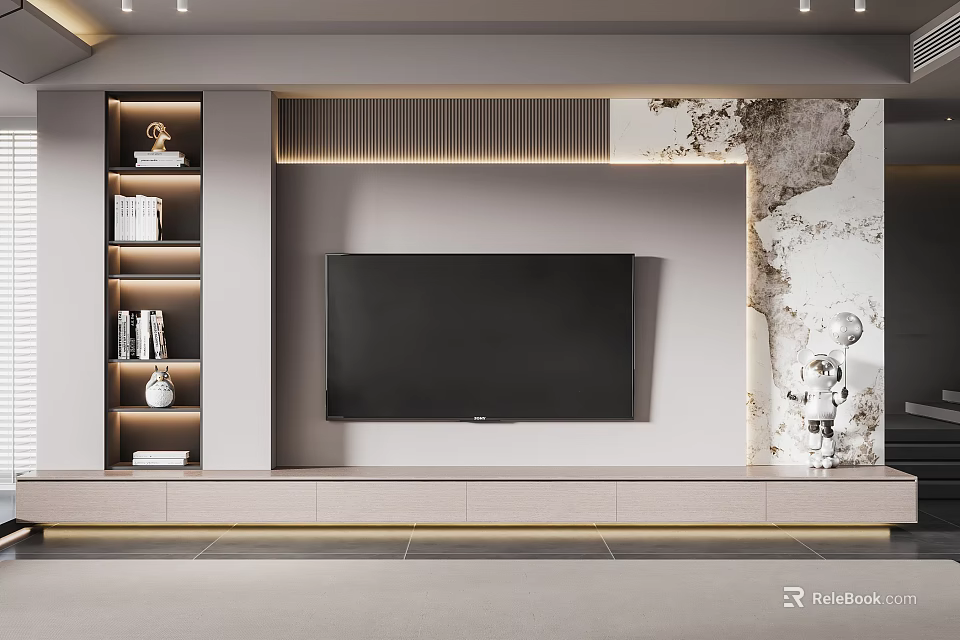 Modern TV Background Wall Design With Textured Panel And Floating Display Shelves 3d model