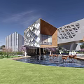 Modern Sales Office Building With Geometric Facade Water Pool Deer Sculptures And Greenery