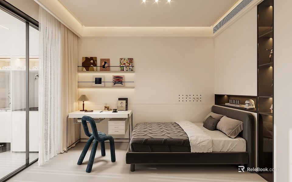 Modern Kids Room Interior Design With Bed Desk Chair And Decorative Shelves 3d model 