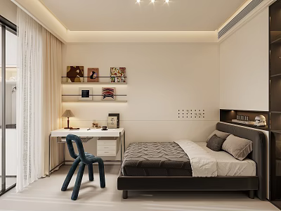 Modern Kids Room Interior Design With Bed Desk Chair And Decorative Shelves 3d model