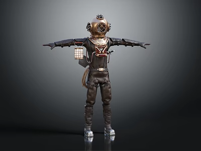 Game Movie Character Wearing Vintage Diver Helmet And Black Leather Outfit With Harness Gear 3d model