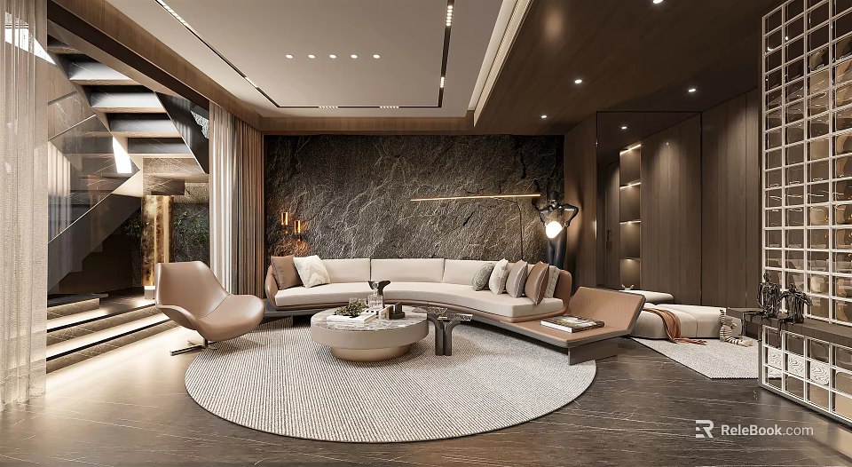 Modern Living Room Interior Design With Marble Accent Wall L-shaped Sofa And Round Area Rug 3d model 