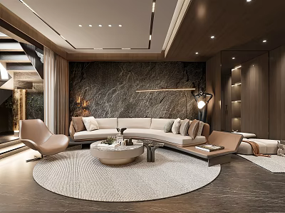 Modern Living Room Interior Design With Marble Accent Wall L-shaped Sofa And Round Area Rug 3d model