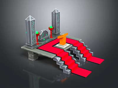 Cartoon Scene With Tall Decorative Towers Red Carpet Stairs Orange Podium And Green Decorations 3d model