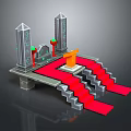 Cartoon Scene With Tall Decorative Towers Red Carpet Stairs Orange Podium And Green Decorations