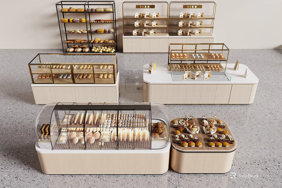 Modern Pastry Shop Interior With Glass Display Cases Shelves And Assorted Pastries 3d model 