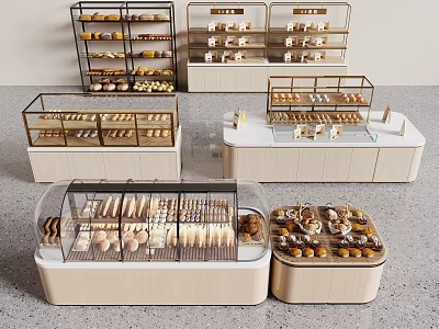 Modern Pastry Shop Interior With Glass Display Cases Shelves And Assorted Pastries 3d model