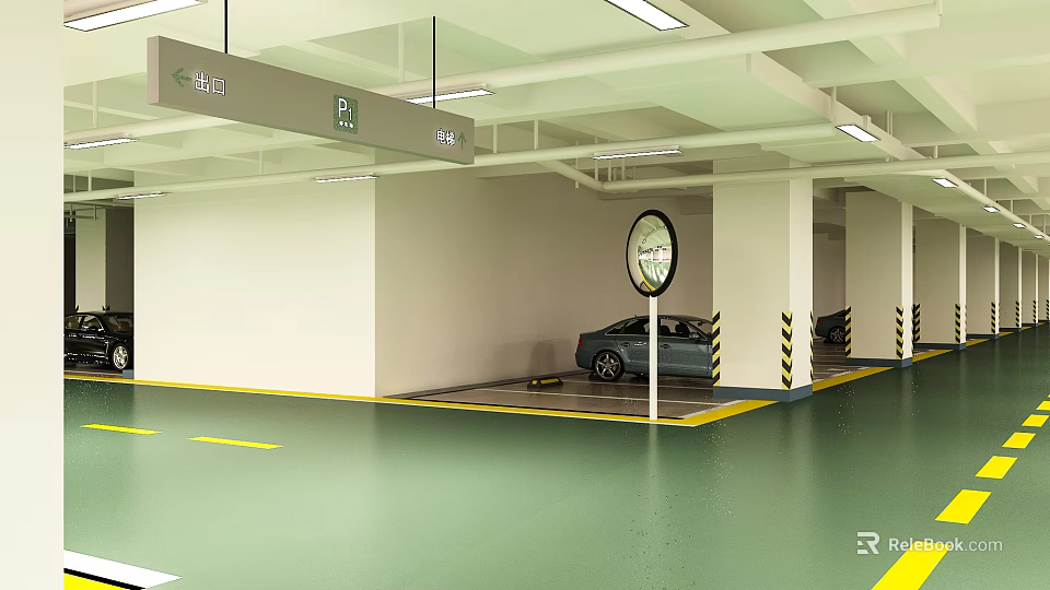 Indoor Parking Lot With Green Floor Yellow Lines Black Car White Pillars And Ceiling Lights 3d model 
