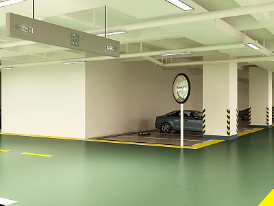 Indoor Parking Lot With Green Floor Yellow Lines Black Car White Pillars And Ceiling Lights 3d model