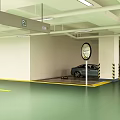 Indoor Parking Lot With Green Floor Yellow Lines Black Car White Pillars And Ceiling Lights