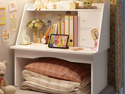 Cozy White Desk with Tablet Books Vase and Stacked Blankets Underneath 3d model