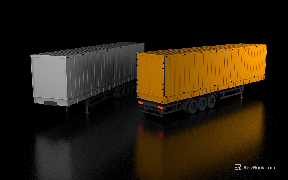 Gray and Yellow Cargo Trailers on Black Background with Reflective Surface 3d model