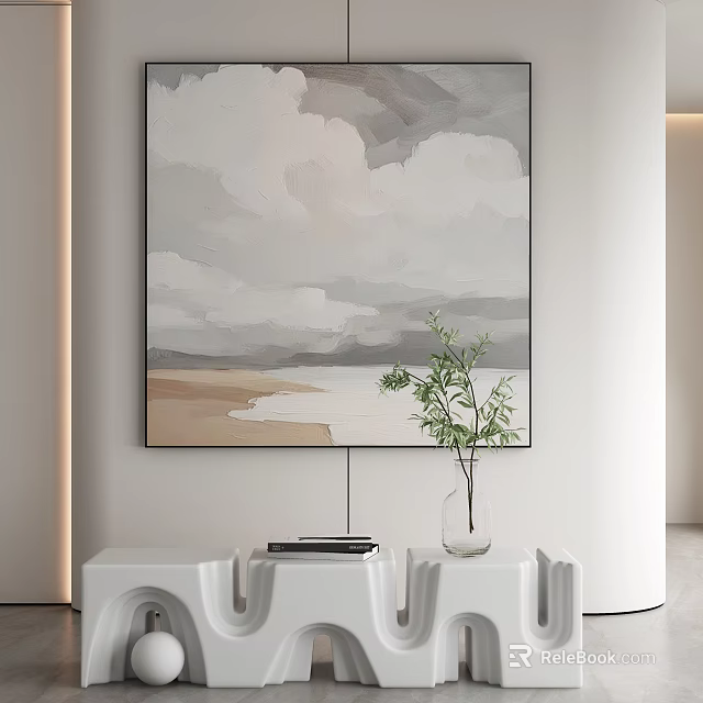 Abstract Cloud And Beach Painting With Green Plant In Vase On White Cabinet 3d model 