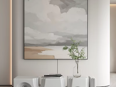 Abstract Cloud And Beach Painting With Green Plant In Vase On White Cabinet 3d model