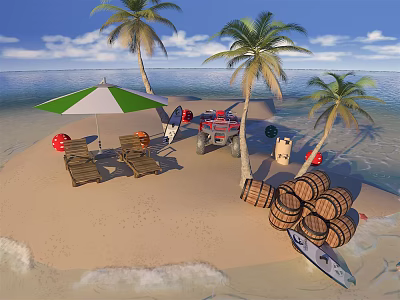 Cartoon Beach Scene With Palm Trees Umbrella Beach Chairs Surfboard Barrels And Boat 3d model