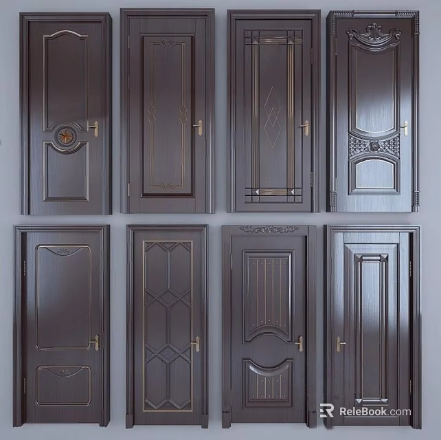 Wooden Hinged Doors With Various Classic Designs And Decorative Patterns 3d model